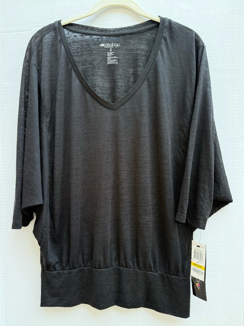 Ideology Black V-Neck Short Sleeve See Through Tee, NWT, M, FREE Jewelry Gift!